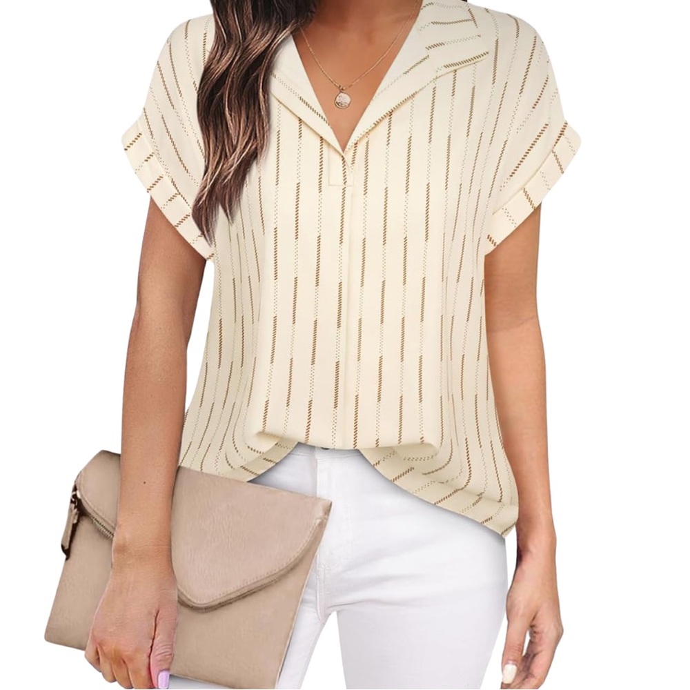 Elegant Beige Striped Chiffon Blouse | Size M | Lightweight Top